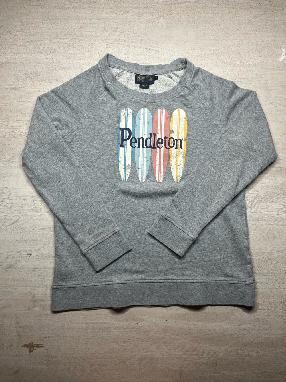 Pendleton Gray Crewneck Sweatshirt with Multicolor Surfboard Graphic